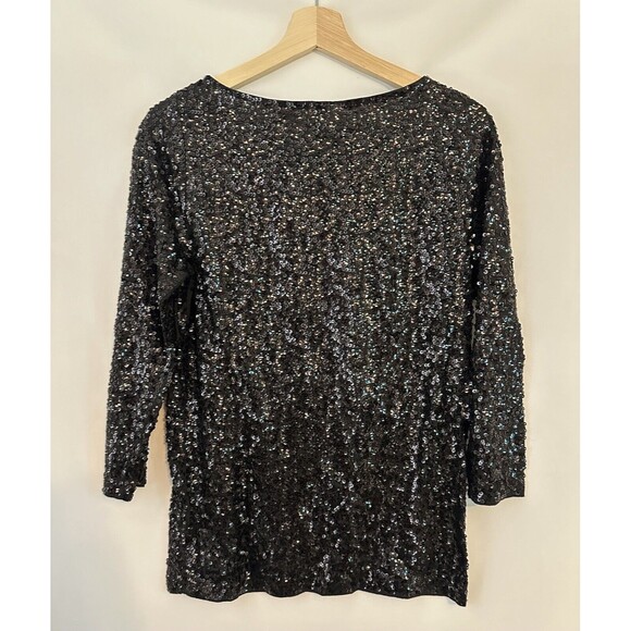 J. CREW Womens Black Sequin Blouse Size S Boatneck 3/4 Sleeve Pullover Glitzy - Picture 2 of 7